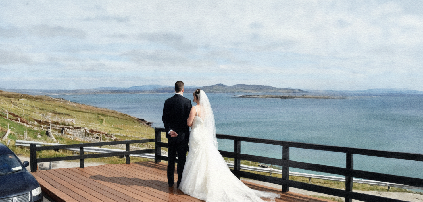 Watercolor of bridal couple looking out over Atlantic Ocean on a bright sunny day. They are standing outdoors on a wooden deck. 