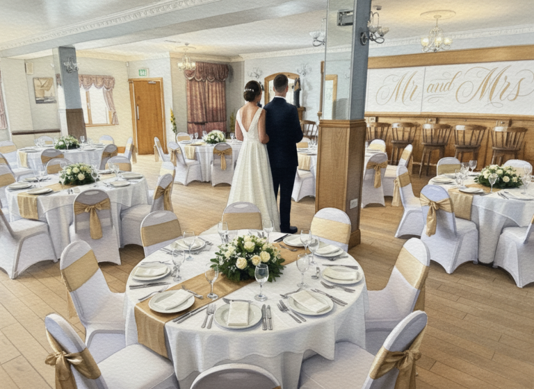 Wedding reception inside Guesthouse. Bridal Couple surrounded by empty wedding tables. A Mr and Mrs Calligraphy sign on far wall.